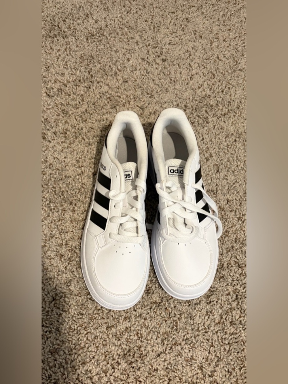 Adidas Kids White and Black Striped Sneakers.